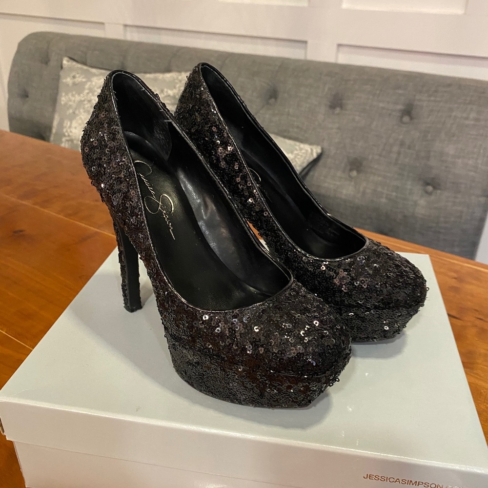 Womens Jessica Simpson black sequin platform heels